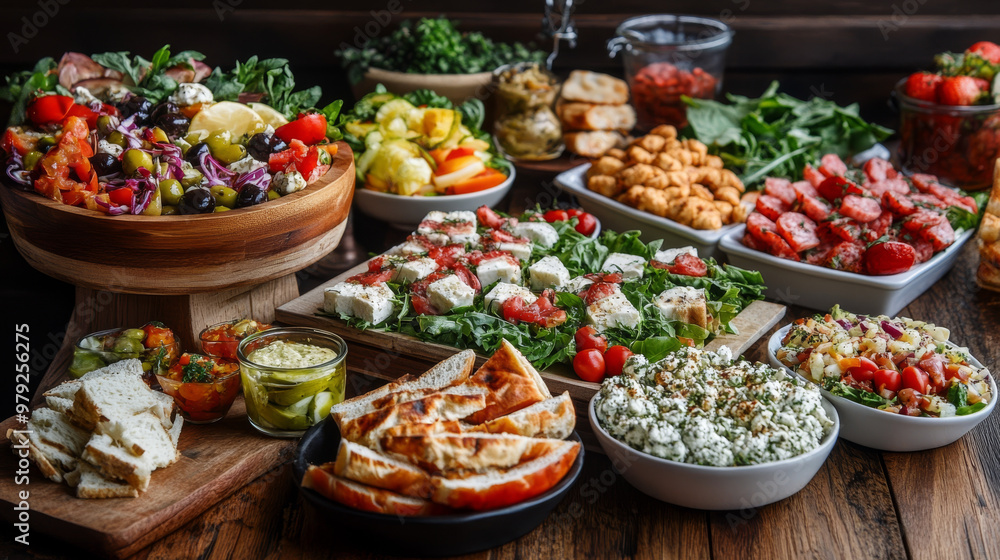 A table filled with delicious cold appetizers and salads. Perfect for a catered party at a restaurant, with small bites, snacks, and appetizers. A table filled with delicious cold appetizers and salads. Perfect for a catered party at a restaurant, with small bites, snacks, and appetizers.