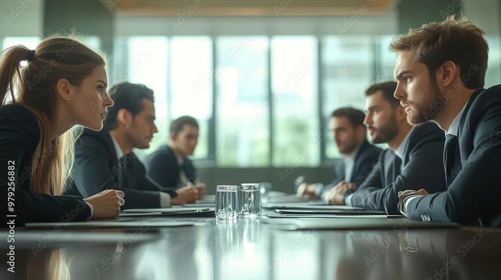 Fototapeta premium Business colleagues in a tense meeting, facing off in a disagreement.