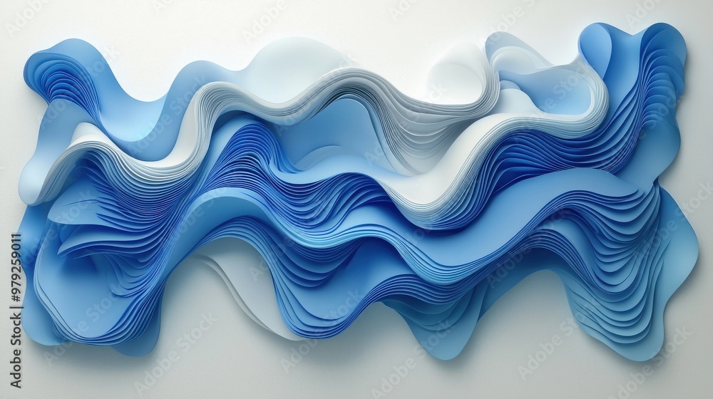 Fototapeta premium Dynamic blue paper art piece showcasing layered waves with a serene, flowing design, perfect for a contemporary interior setting