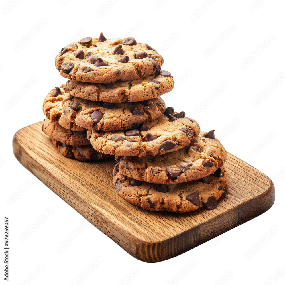 Chocolate chip cookies are stacked on a wooden board, creating a tempting tower of sweet treats Chocolate chip cookies are stacked on a wooden board, creating a tempting tower of sweet treats