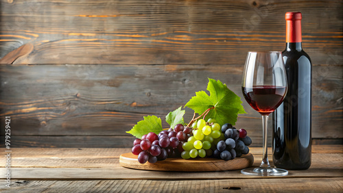 A bottle and glass of wine next to a bunch of grapes on a table, wine, glass, bottle, grapes, table, drink, alcoholic, red