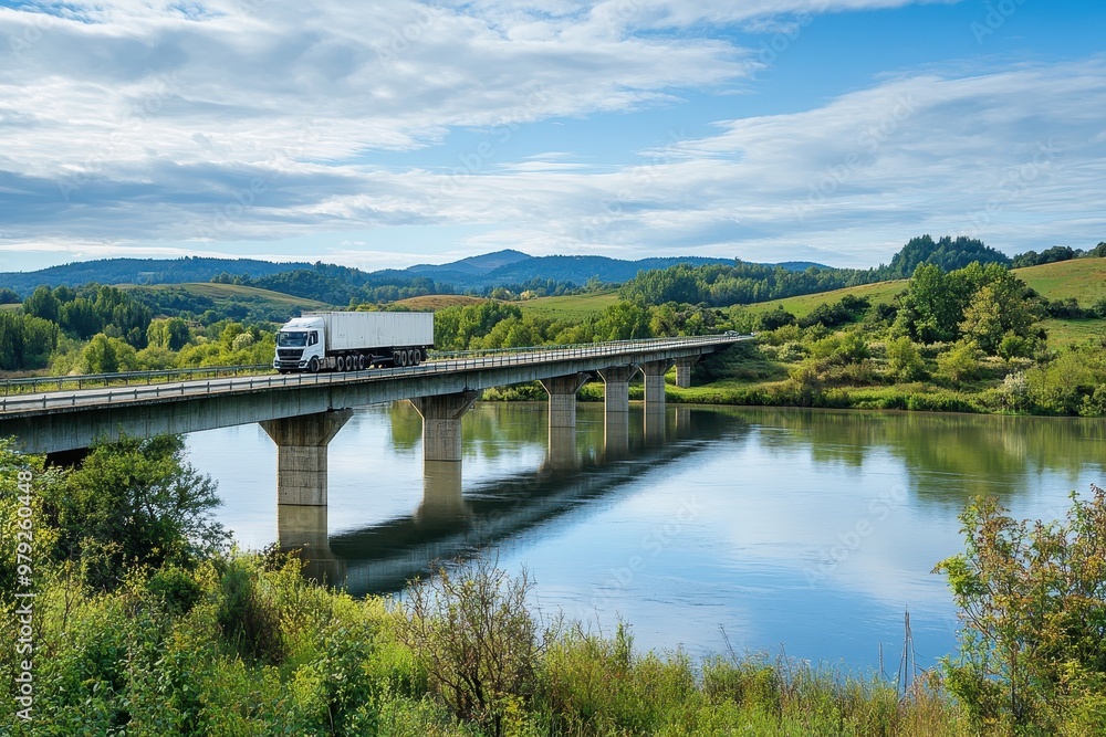 A truck crosses a bridge over a calm river, surrounded by lush green hills and blue skies. A truck crosses a bridge over a calm river, surrounded by lush green hills and blue skies.