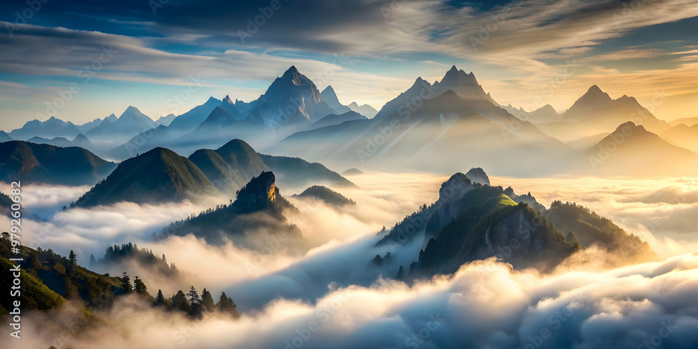 Misty mountain landscape with peaks shrouded in fog , mist, mountains, fog, peaks, landscape, nature, serene, tranquil Misty mountain landscape with peaks shrouded in fog , mist, mountains, fog, peaks, landscape, nature, serene, tranquil