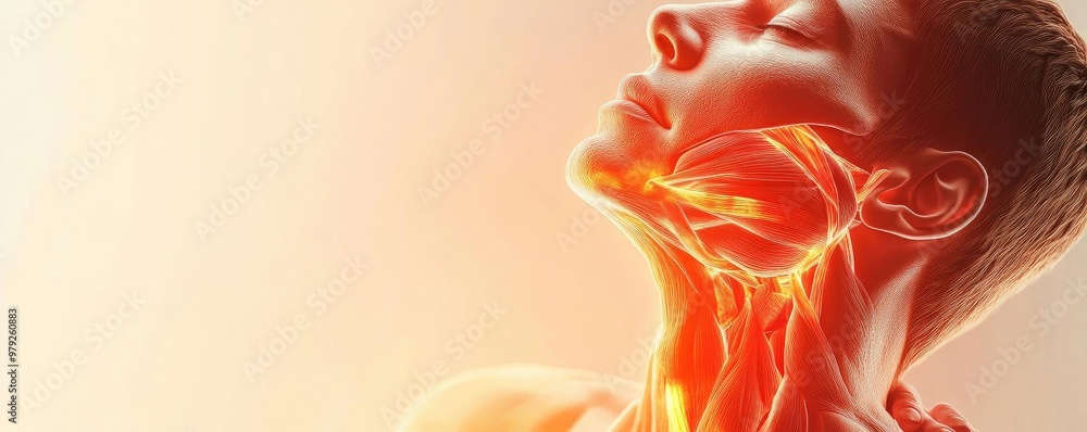 A detailed illustration of human neck anatomy highlighting the muscles and structures in a vibrant and artistic manner. A detailed illustration of human neck anatomy highlighting the muscles and structures in a vibrant and artistic manner.