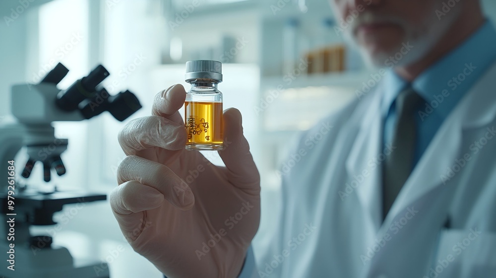 Scientist in lab coat holding vial of experimental drug, with microscope and scientific equipment, symbolizing drug trials and medical research process Scientist in lab coat holding vial of experimental drug, with microscope and scientific equipment, symbolizing drug trials and medical research process