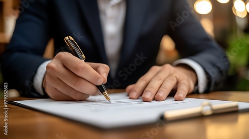 A corporate executive signing an important contract in a high-rise office 