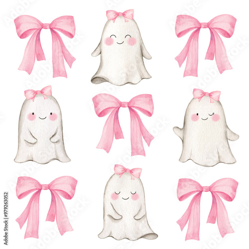 Watercolor vector Halloween greeting card with ghosts and pink bows. Cute haracter. Cliparts for baby shower, happy holiday poster, party invitations. Hand painted illustration.