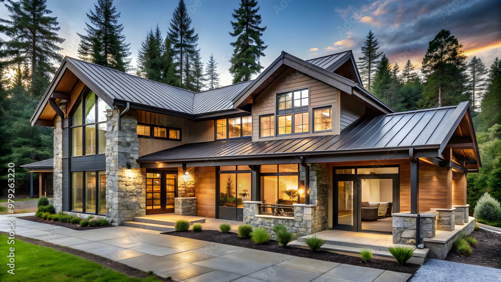 Fototapeta premium Rustic modern home with large windows, steel roof, and stone accents in the Pacific Northwest, rustic, modern