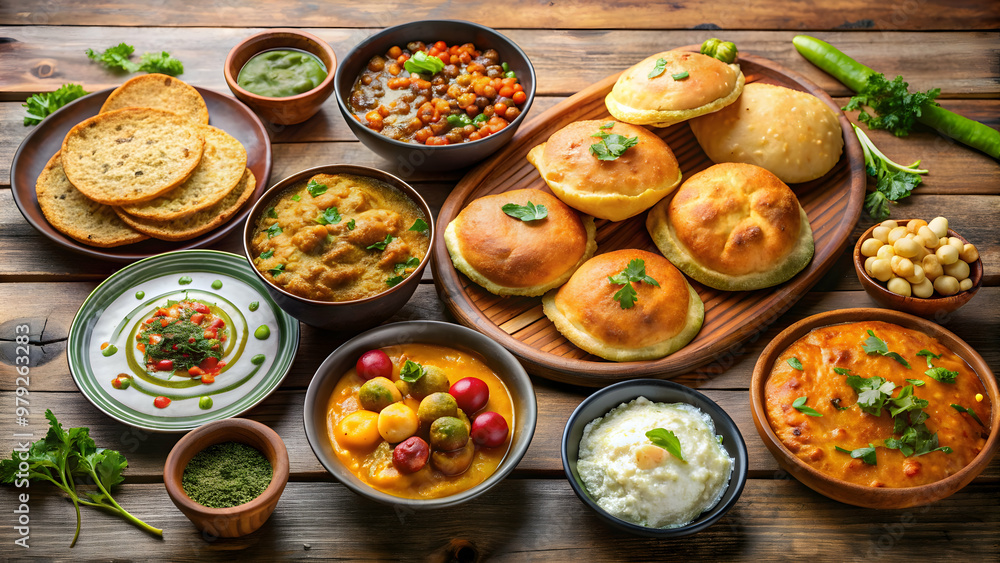 Indian-style food spread featuring a variety of delicacies like parotha, pav buns Indian-style food spread featuring a variety of delicacies like parotha, pav buns