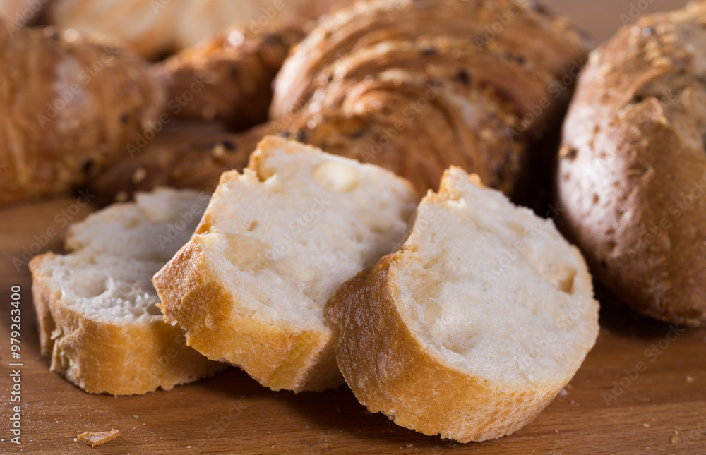 Slices of wheaten bread on wooden surface Slices of wheaten bread on wooden surface