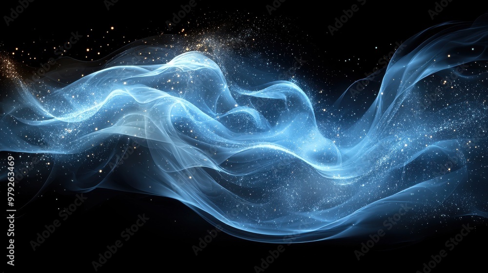 Ethereal blue smoke-like waves floating against a dark background with twinkling stars Ethereal blue smoke-like waves floating against a dark background with twinkling stars