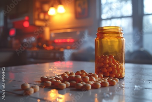 This impactful image of scattered pills on a white surface powerfully highlights the ongoing opioid and benzodiazepine crisis, representing the devastating effects of addiction on individuals 