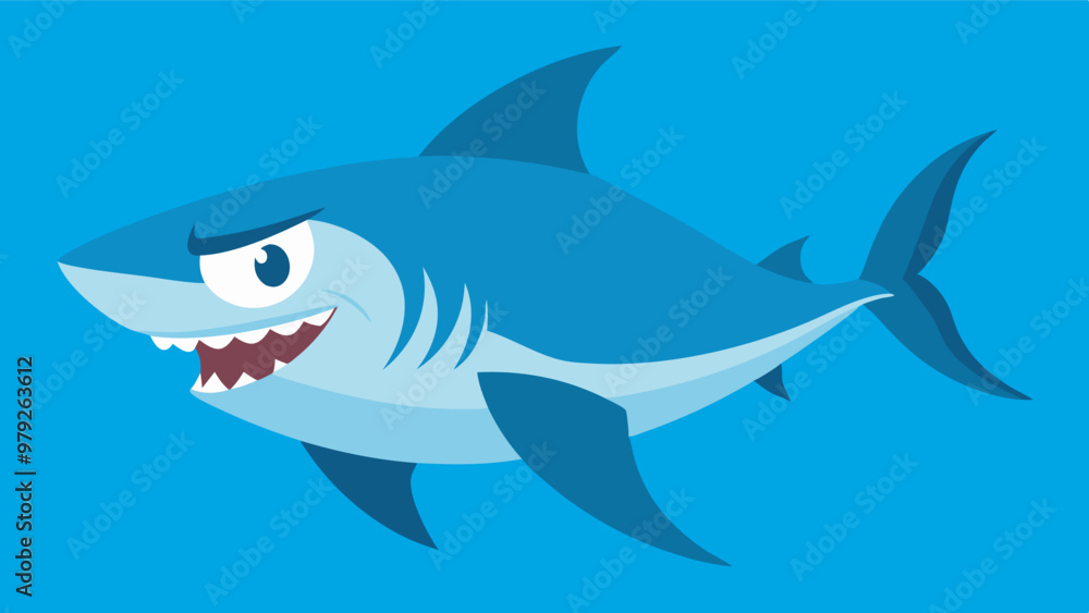 Obraz premium Cartoon shark with white belly, gray-blue skin, sharp teeth, and large eyes against a blue backdrop. Tail triangle-shaped with matching fins,