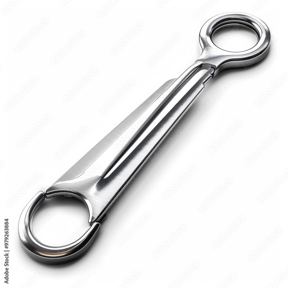 Closeup of a shiny chrome plated wrench tool on a clean white studio background The metallic wrench is polished and reflective showcasing its durable industrial design and versatility for repair Closeup of a shiny chrome plated wrench tool on a clean white studio background The metallic wrench is polished and reflective showcasing its durable industrial design and versatility for repair