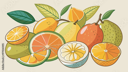 Vibrant artwork shows oranges, lemon, and leaves arranged with freshness in bright colors. Light background enhances a lively, refreshing atmosphere.