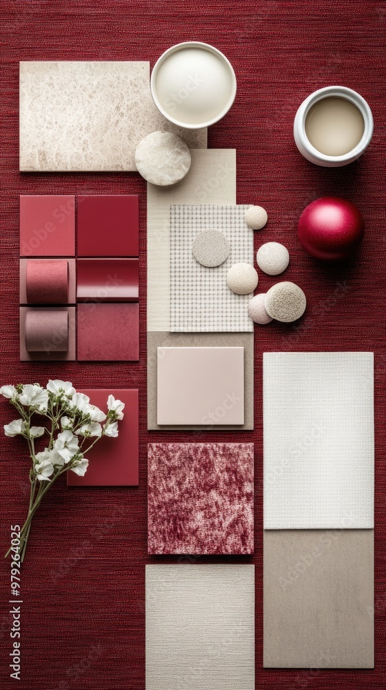 Vertical modern flat lay composition in wine red color palette with ...