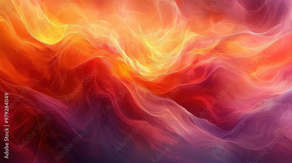 Fototapeta premium Vibrant abstract artwork depicting swirling colors of red, orange, yellow, and purple with flowing waves in a dreamlike composition