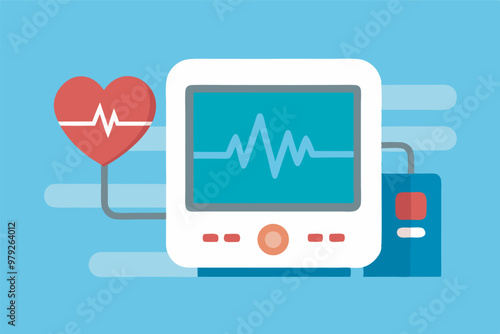 A vivid image of a heart monitoring system with an EKG machine displaying vital signs. Surrounding context hints at healthcare payments. Calming blue background enhances positive mood.