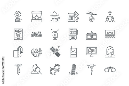 Calculator, Christmas, Founder, Gramophon, Hairstyle, set of icons for web design, vector illustration photo