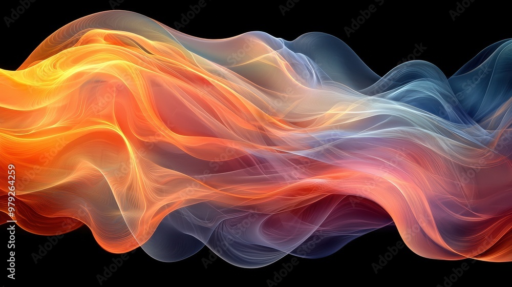 Obraz premium Colorful wave of swirling smoke abstract art flowing against a black background exhibiting vibrant orange and blue hues