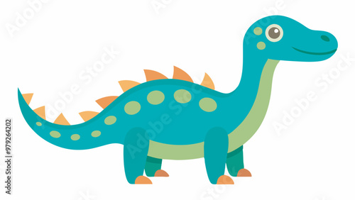 Colorful dinosaur illustration with blue, green, and brown spots, orange spines, and white dots. Jovial expression and smile, playful and friendly character. White background with black border.