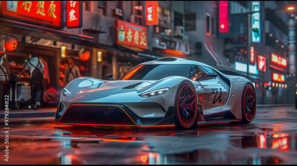 Futuristic Sports Car on Neon-Lit Urban Street at Night Futuristic Sports Car on Neon-Lit Urban Street at Night