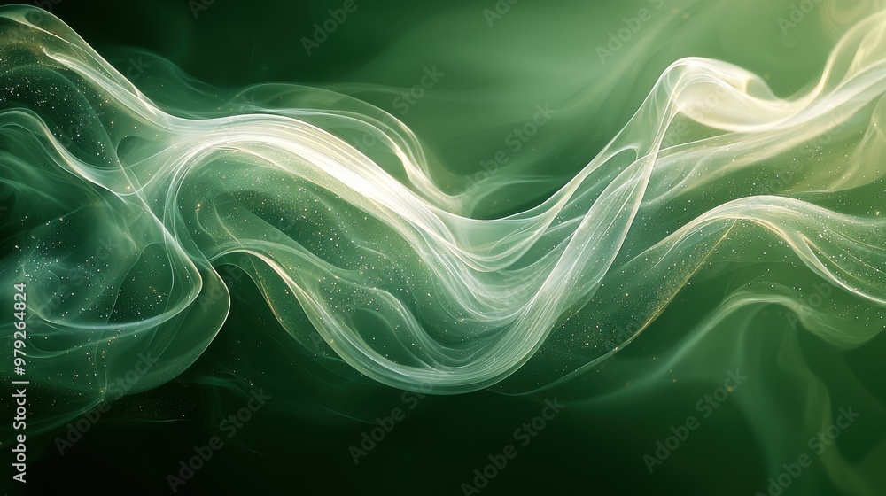 Fototapeta premium Delicate wisps of translucent smoke swirling gracefully against a dark green background in a serene and tranquil composition