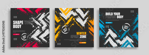 posts on social media vector illustration. Stylish graphics templates posts. dynamic abstractions typography photo. modern art paint and brush stains, fitness subjects gym. design frame post Template