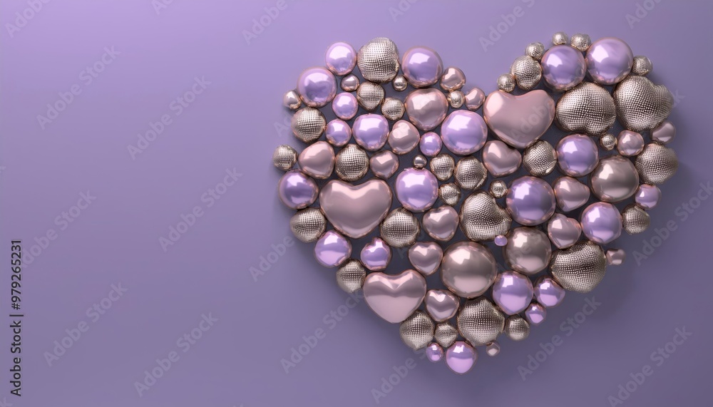 A heart shape made of various decorative pearls and beads in soft pastel colors against a purple background. A heart shape made of various decorative pearls and beads in soft pastel colors against a purple background.
