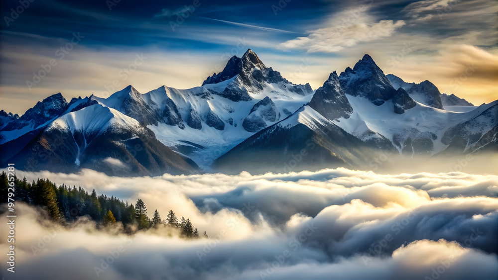 Majestic misty mountain landscape with snow-capped peaks and dense fog , mist, mountain, landscape, snow, peak, fog, misty Majestic misty mountain landscape with snow-capped peaks and dense fog , mist, mountain, landscape, snow, peak, fog, misty