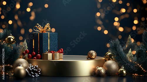 3d luxury podium christmas decoration and space for your luxury product. Christmas background concept. Generative AI.