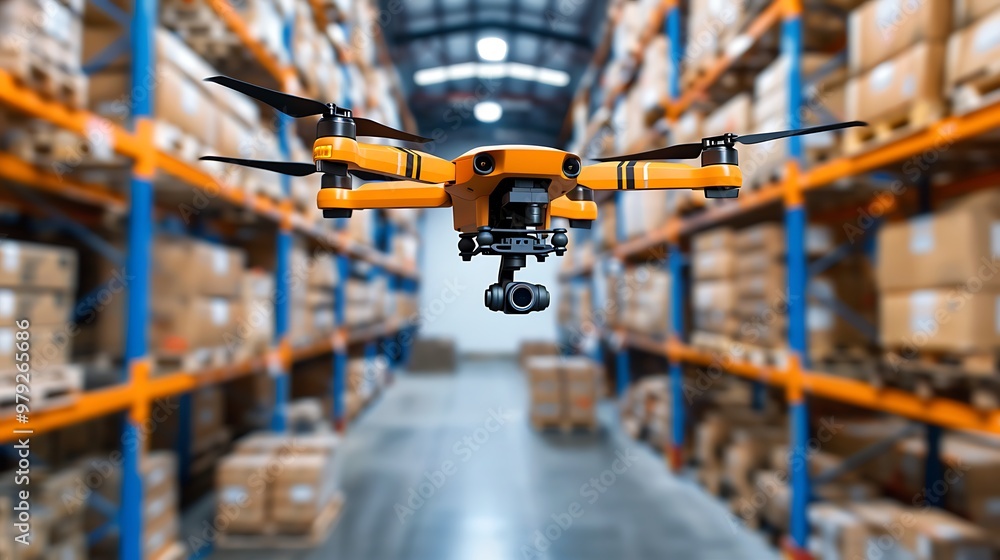 A drone flies through a warehouse, optimizing inventory management with precision and efficiency. A drone flies through a warehouse, optimizing inventory management with precision and efficiency.