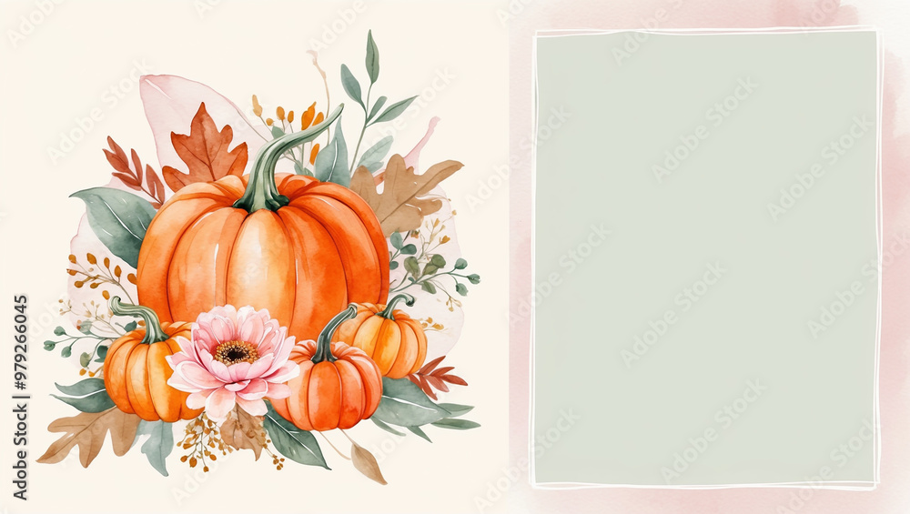 Naklejka premium A watercolor illustration of pumpkins with flowers and leaves, accompanied by a blank golden-framed space on a soft beige background, perfect for autumn-themed invitations or messages.