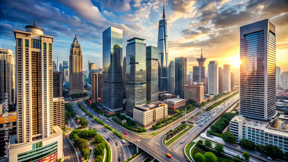 Obraz premium Busy urban city landscape with tall skyscrapers and bustling streets , cityscape, downtown, architecture, buildings