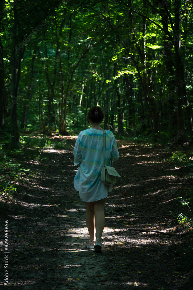 a woman walks through the forest
a woman walks through the forest