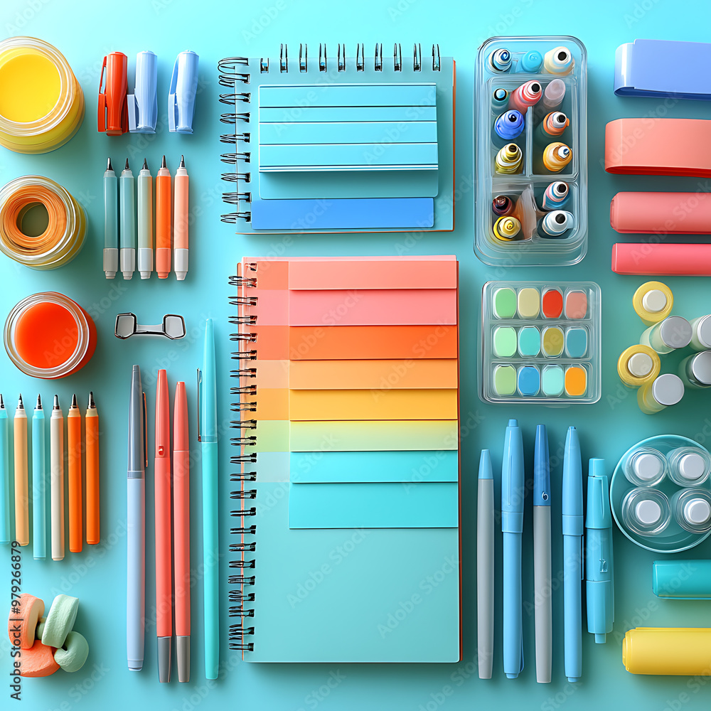 Fototapeta premium A flat lay of office supplies on a pastel background, including pens, notebooks 