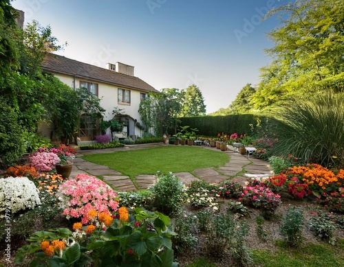 serene garden with vibrant flowers and lush greenery in a tranquil retreat