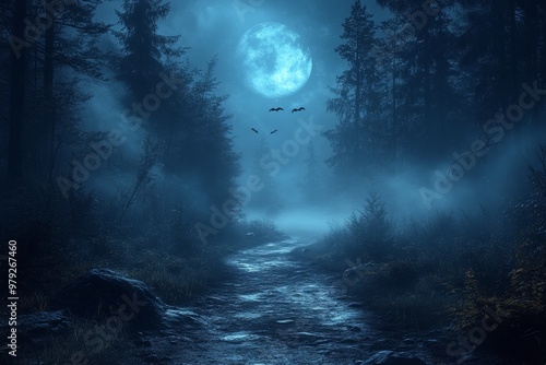 Eerie moonlit forest path with mist and trees in the dark night photo