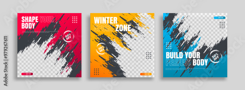 posts on social media vector illustration. Stylish graphics templates posts. dynamic abstractions typography photo. modern art paint and brush stains, fitness subjects gym. design frame post Template
