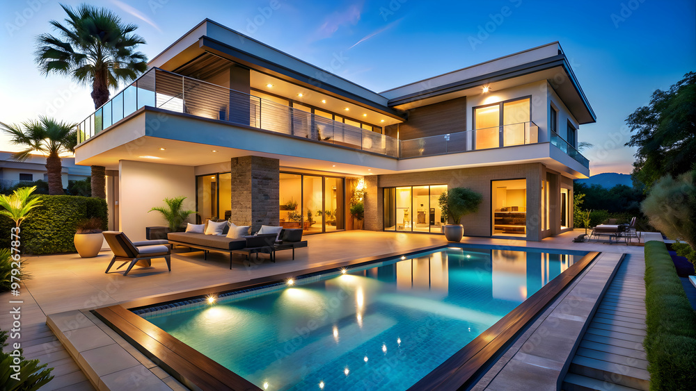 Fototapeta premium Luxurious villa with sparkling pool in the evening , mansion, outdoor, elegant, swimming, poolside, relaxation, evening