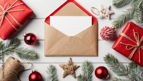 A festive arrangement with a brown envelope, letter, wrapped gifts, red ornaments, twine, star, and pine branches on a white wooden surface, perfect for a cozy holiday greeting. photo