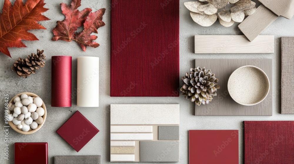 Modern flat lay composition in wine red color palette with textile and ...