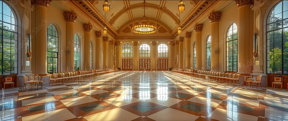 Experience the grandeur of a regal hall where rows of chairs await in silent anticipation, embodying comfort and elegance for events and ceremonies. This ultra-sharp photo captures the space's Experience the grandeur of a regal hall where rows of chairs await in silent anticipation, embodying comfort and elegance for events and ceremonies. This ultra-sharp photo captures the space's