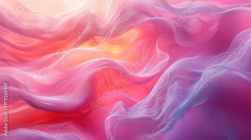 Vibrant swirling colors create an abstract landscape of pink and orange hues with soft waves in a dreamy atmosphere