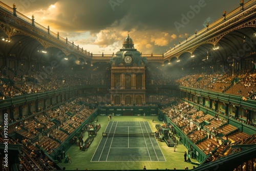 Step into the grandeur of a prestigious tennis championship stadium in London, where elite athletes compete in a high-stakes international match. 