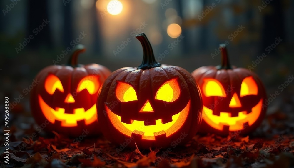 Eerie Halloween pumpkins in a forest setting Eerie Halloween pumpkins in a forest setting