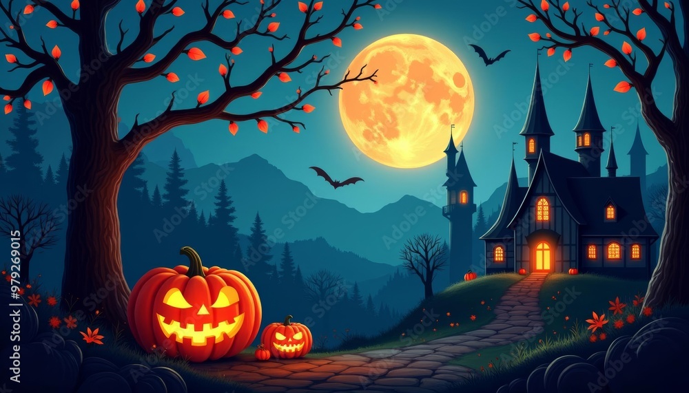 Spooky Halloween night with jackolanterns and a haunted house under a full moon Spooky Halloween night with jackolanterns and a haunted house under a full moon