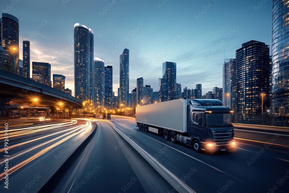 Fototapeta premium A truck driving through a cityscape at dusk, showcasing urban transport and infrastructure.