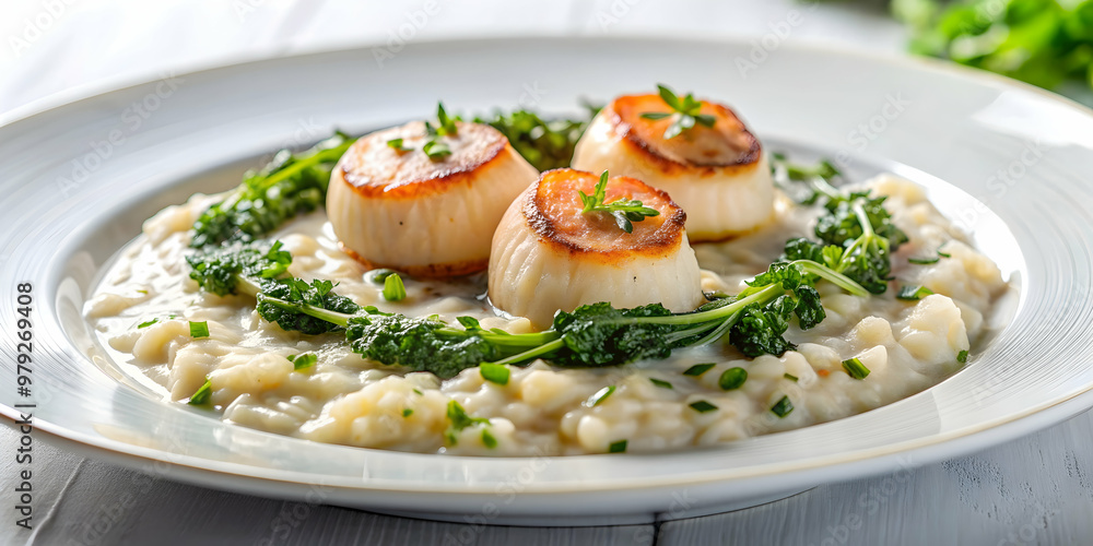 Creamy risotto with seaweed, topped with scallops on a white plate , food, restaurant, dish, Italian cuisine, seafood Creamy risotto with seaweed, topped with scallops on a white plate , food, restaurant, dish, Italian cuisine, seafood