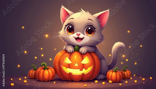  Happy Halloween with a purrfectly adorable cat and pumpkin  photo